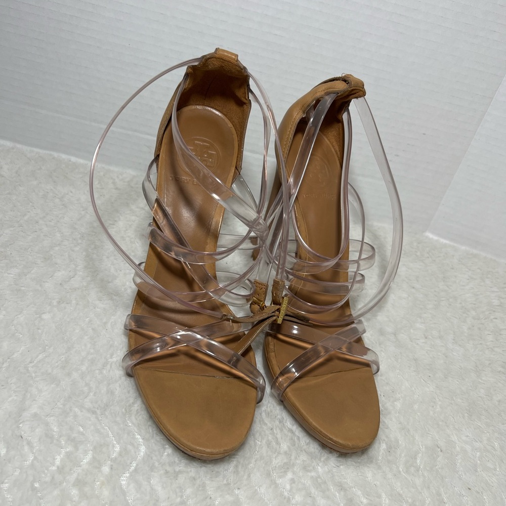 Tory Burch Womens Brown Leather Clear Rubber Strappy Fashion Heels Shoes Sz 8.5M